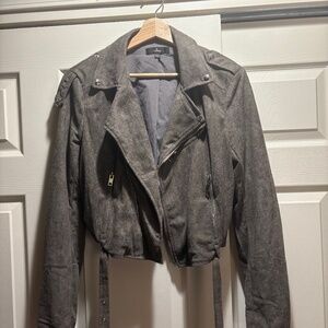 Lulus Gray Faux Suede Moto Jacket Size L | Cropped Belted Biker Style